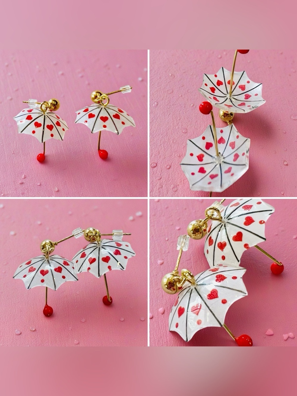 Teeny Tiny Umbrella Gold-Tone Red Hearts and Hearts Drop Earring Set of 3 - Picture 14 of 16